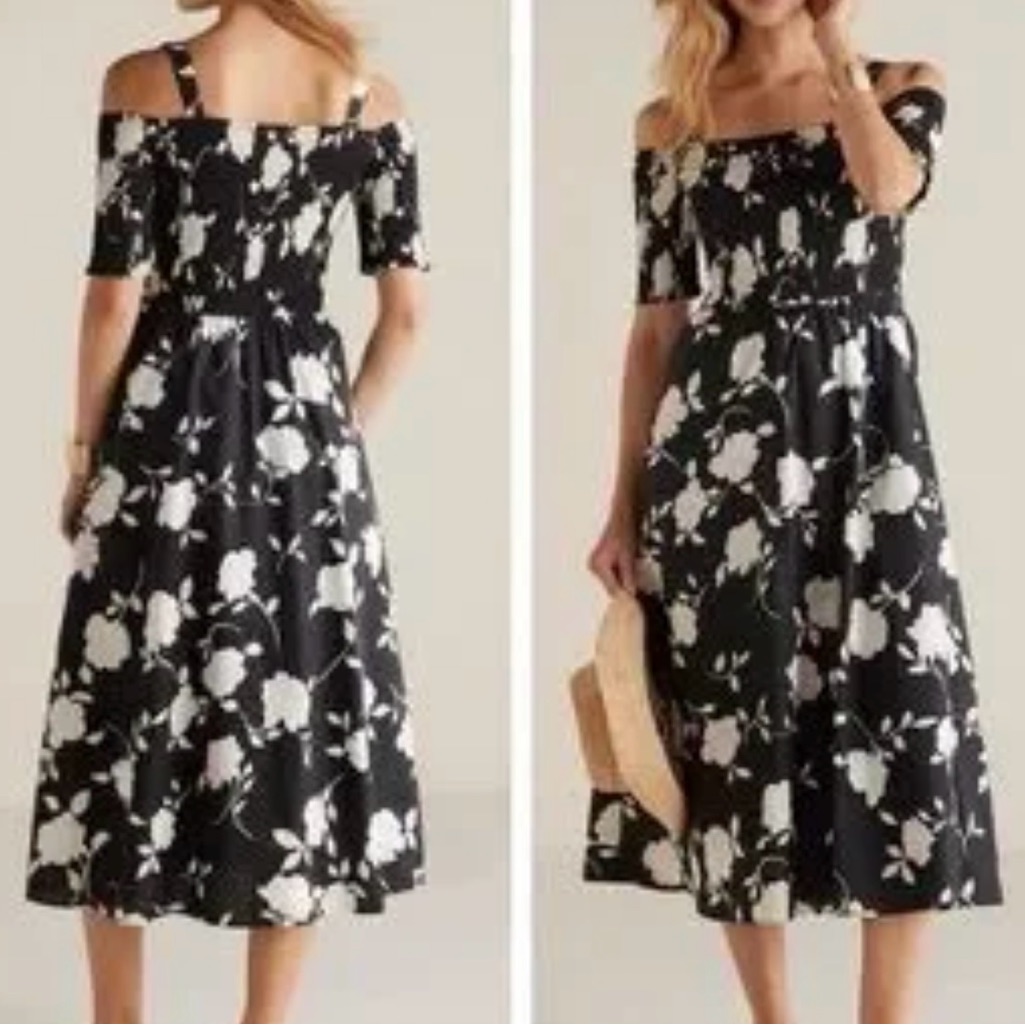 Soft Surroundings Divani Dress Black Ivory Floral Print Smocked Sundress Xl $150